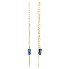 14k Solid Gold Drop Earrings with blue sapphire.  Chain Gold Earrings