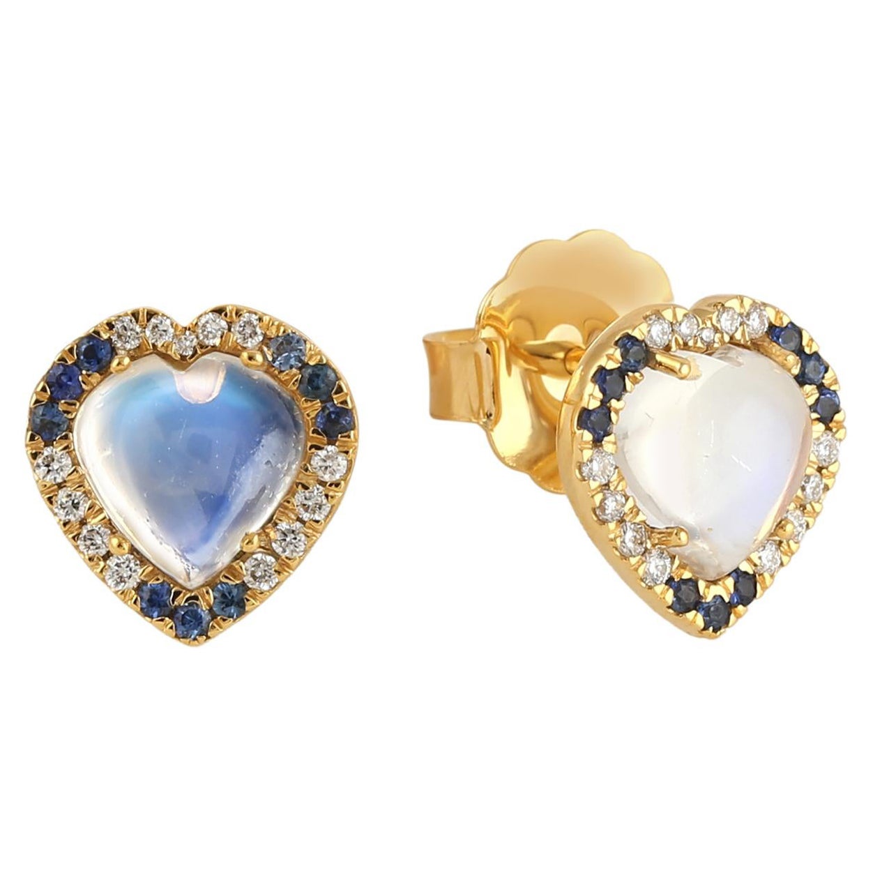 Boucles d'oreilles coeur en or 14K avec pierre de lune, saphir bleu et diamant