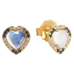 Boucles d'oreilles coeur en or 14K avec pierre de lune, saphir bleu et diamant
