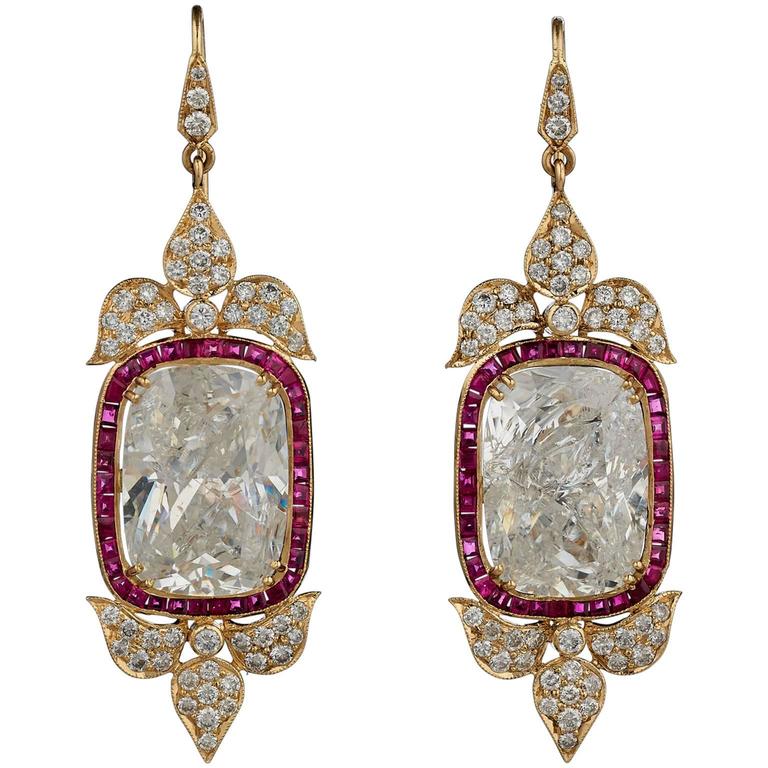Indian Rock Crystal Ruby Diamond Gold Earrings For Sale