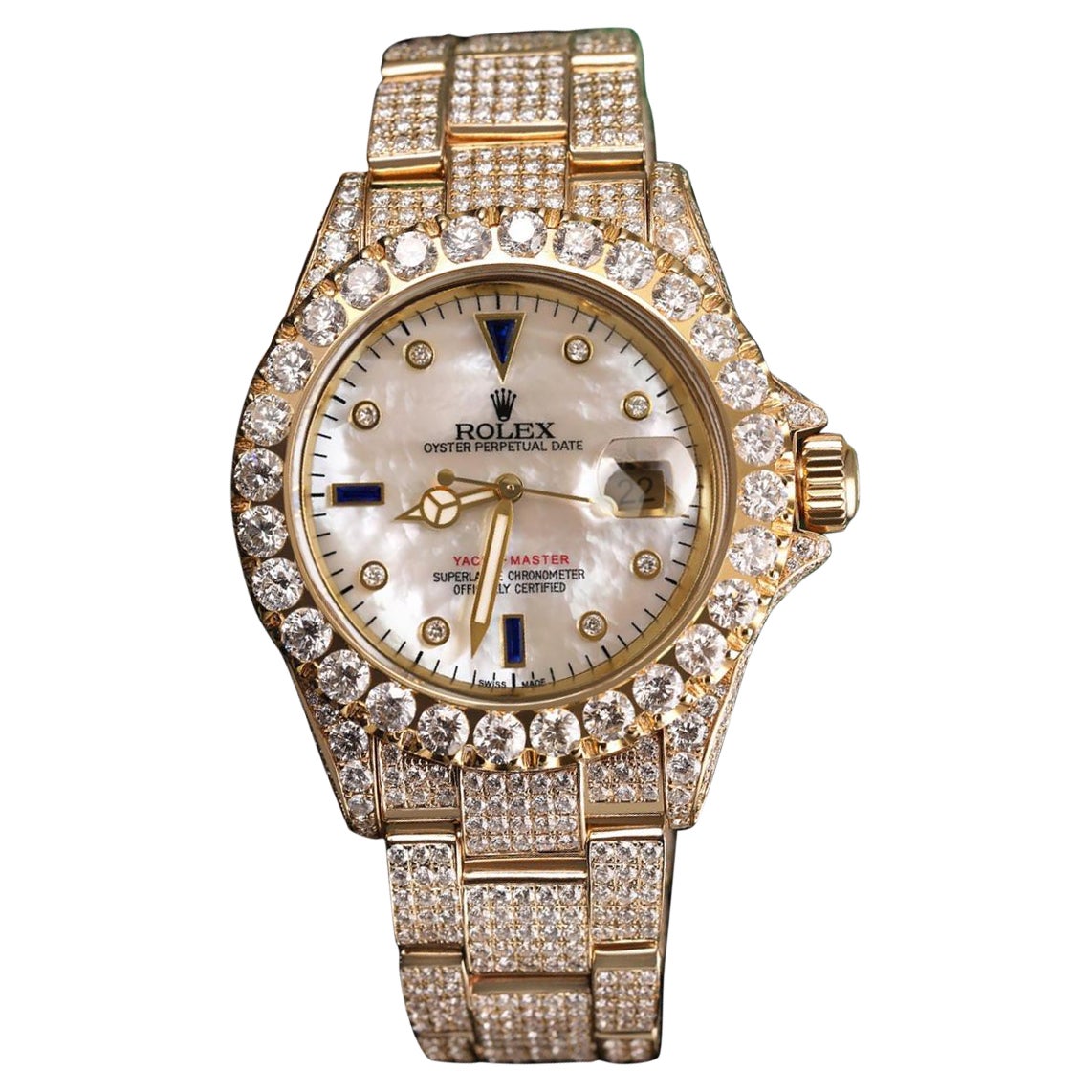 Rolex Yacht-Master White Mop Diamond Dial Yellow Gold Fully Iced Out Watch 16628 For Sale
