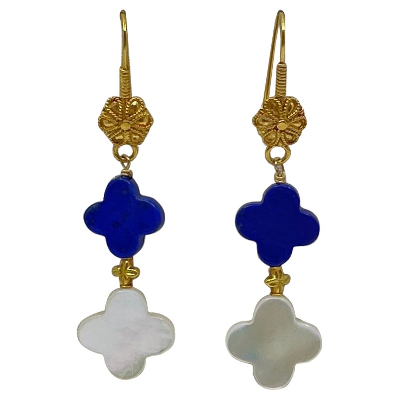 Tiffany and Co. Inlaid Mother of Pearl Lapis Gold Rope Earrings at 1stDibs