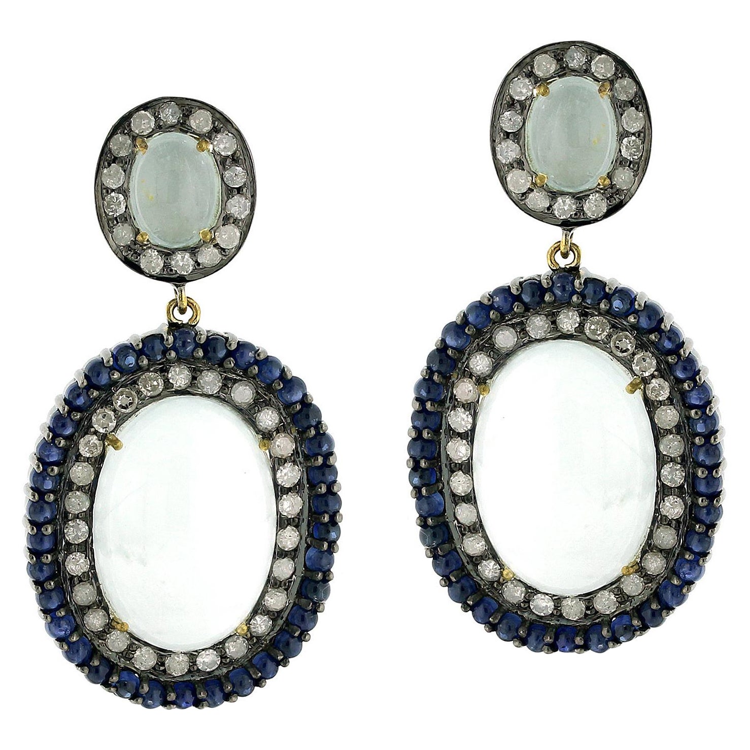 Oval Shaped Agate Earring Surrounded by Blue Sapphire & Diamonds in Pave Setting For Sale
