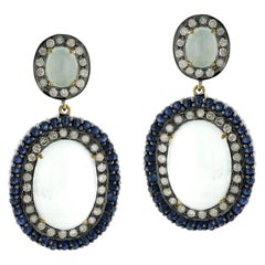 Oval Shaped Agate Earring Surrounded by Blue Sapphire & Diamonds in Pave Setting