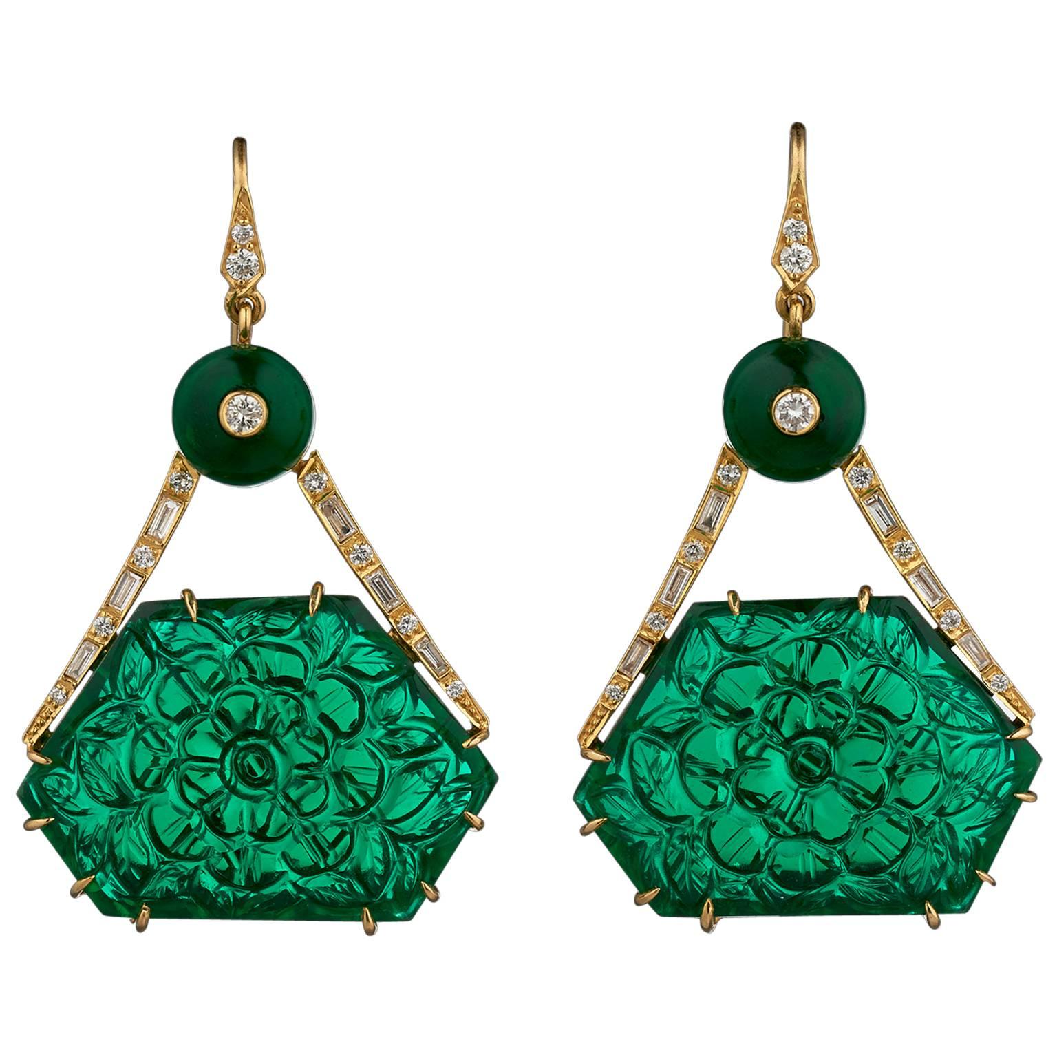 Indian Carved Green Crystal Emerald Diamond Gold Earrings For Sale