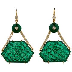 Indian Carved Green Crystal Emerald Diamond Gold Earrings
