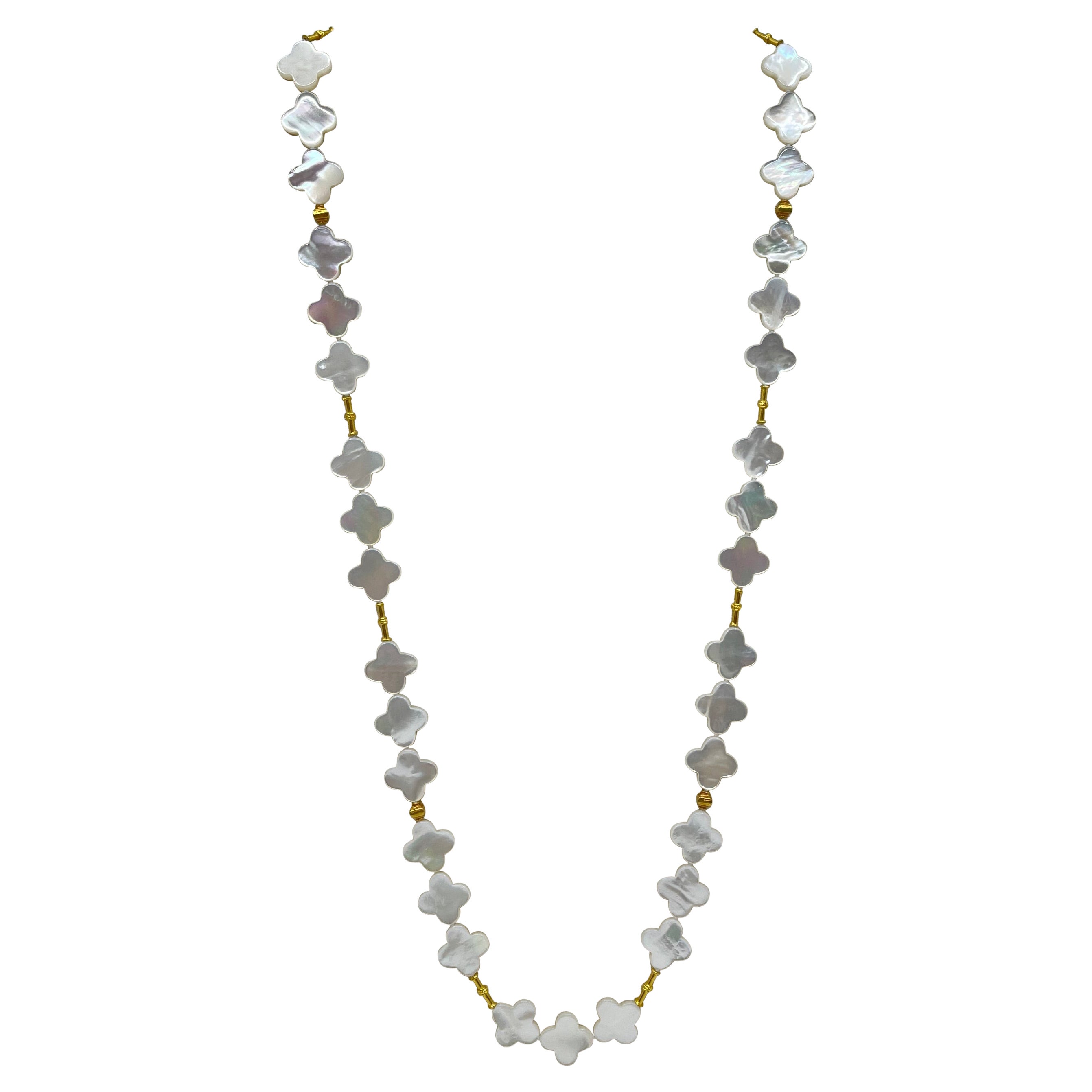 Long Necklace with Mother-of-Pearl & 18K Solid Gold Beads For Sale