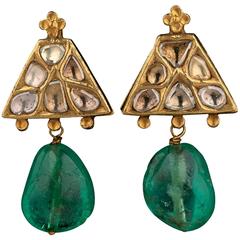 Antique Emerald Diamond Gold Indian Earrings