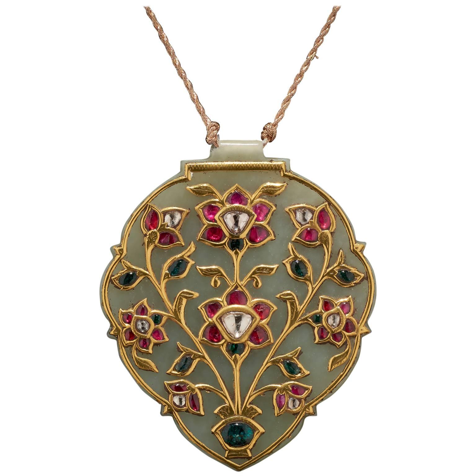 Indian Pendant Jade and Precious Gems In Gold  For Sale