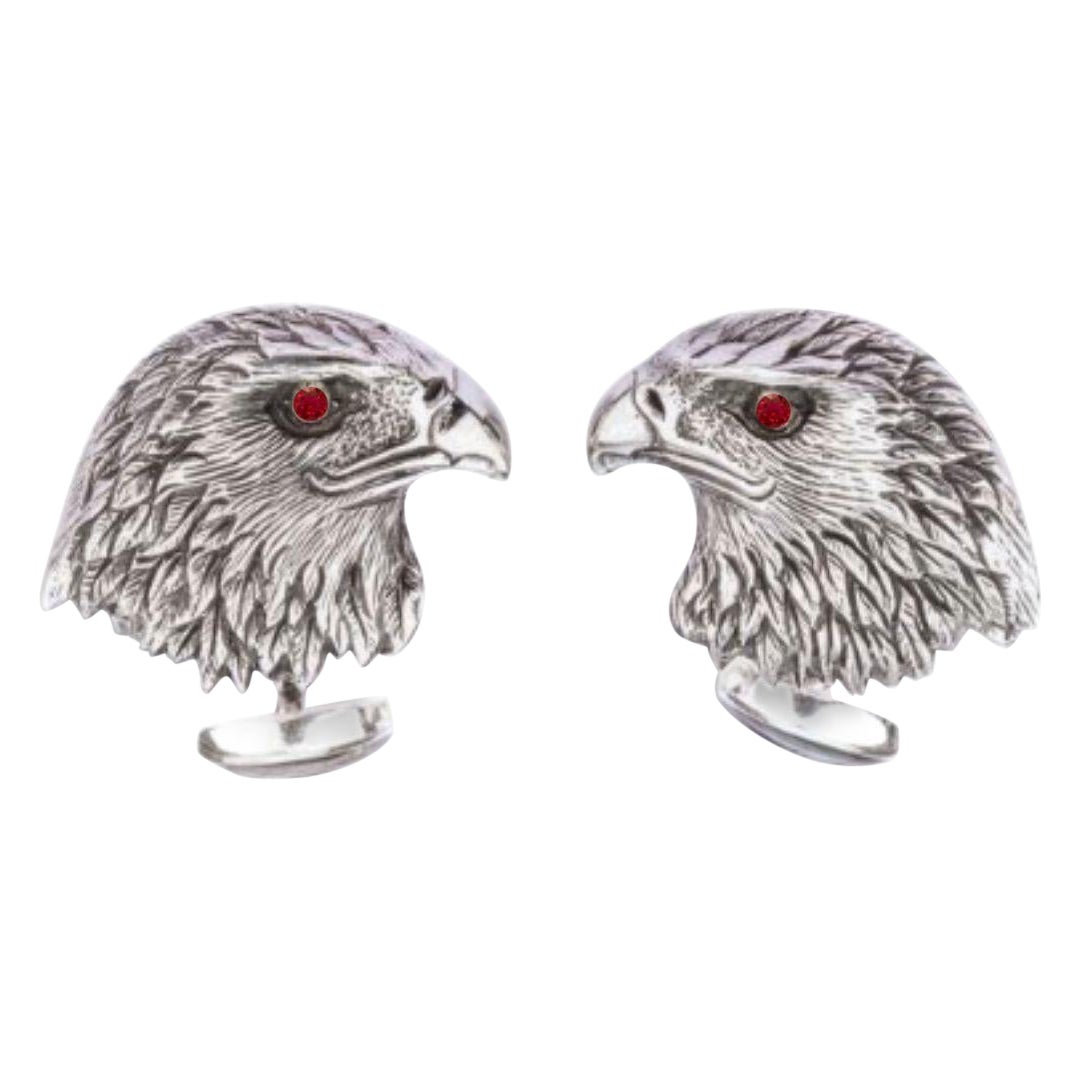 Tichu Ruby Eagle Face Cufflink in Sterling Silver For Sale