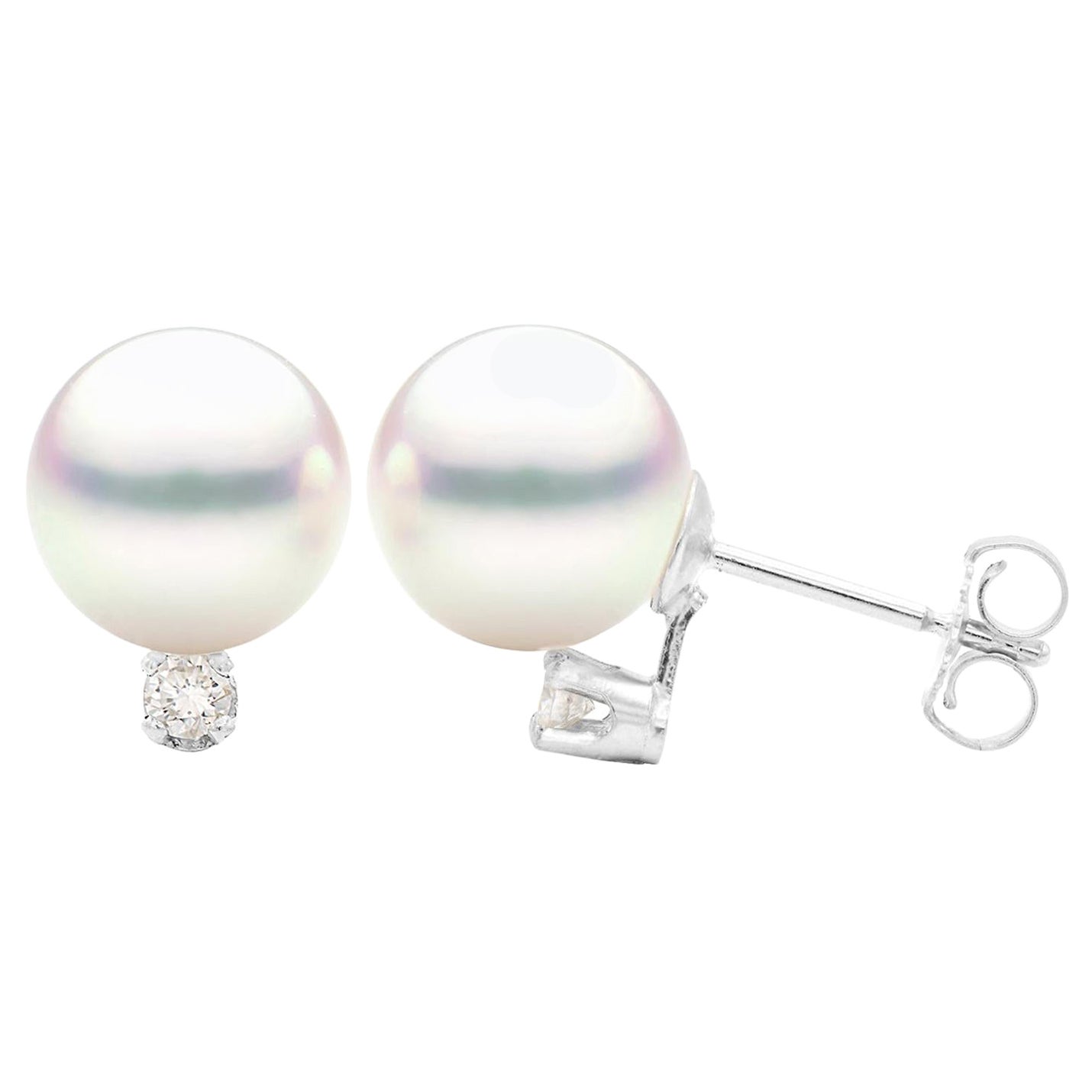 White Cultured Pearl Stud Earring with Diamond in 14 Karat White Gold For Sale
