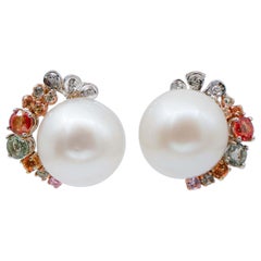 Vintage South-Sea Pearls, Sapphires, Diamonds, 14Kt White and Rose Gold Earri