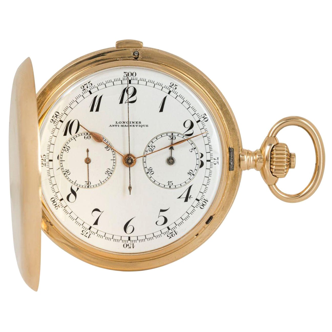 Longines Heavy 18ct Gold Keyless Lever Chronograph Pocket Watch, circa 1900s For Sale
