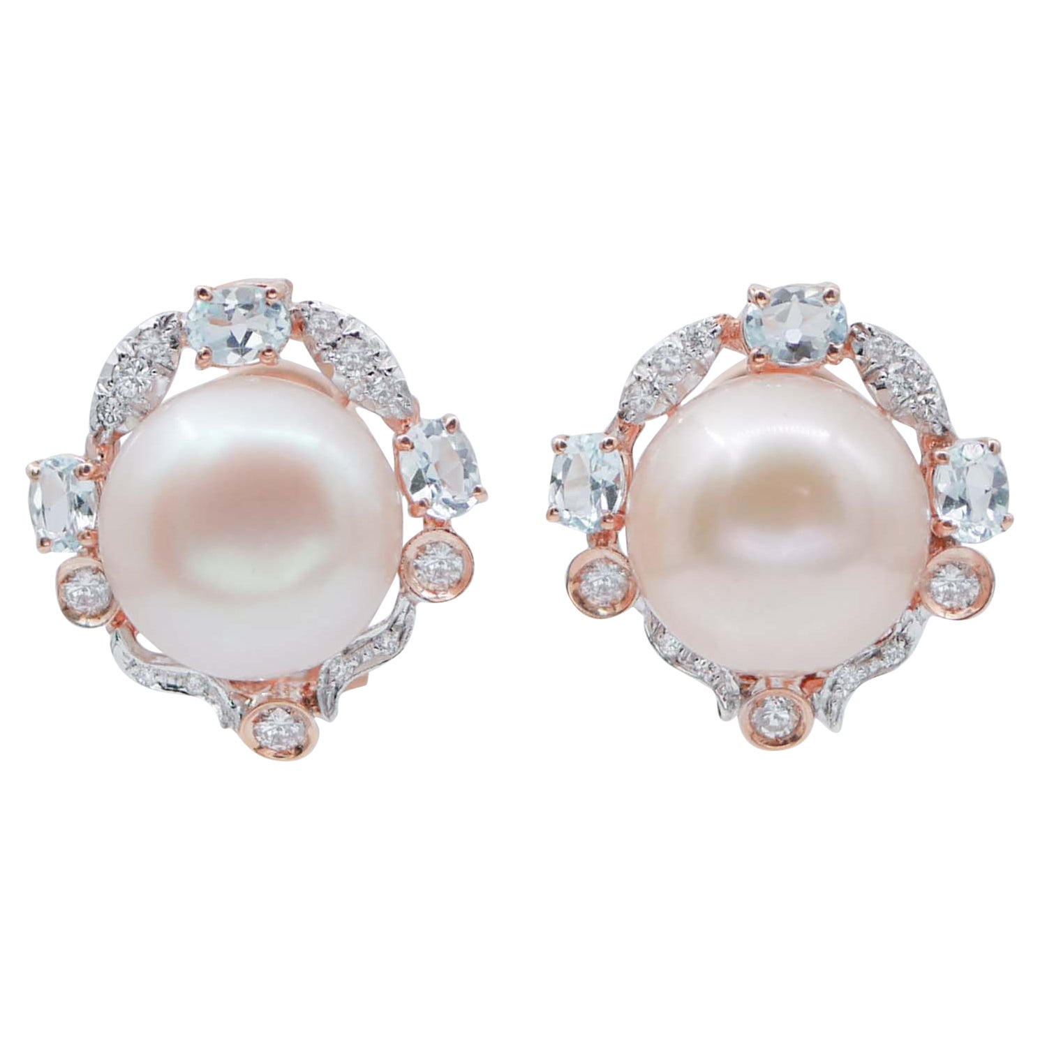 Pink Pearls, Aquamarine, Diamonds, 14 Kt Rose and White Gold Earrings.