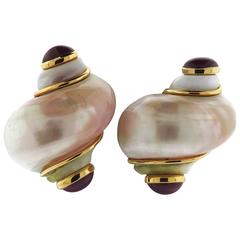 Seaman Schepps Large Turbo Shell Ruby Gold Earrings 