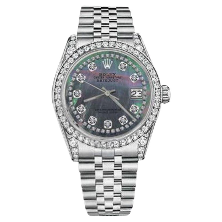 Rolex Datejust Black Mother of Pearl String Dial Diamond Bezel & Lugs Watch For Sale
