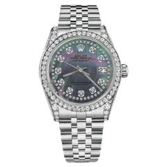 Retro Rolex Datejust Black Mother of Pearl String Dial Diamond Bezel & Lugs Watch