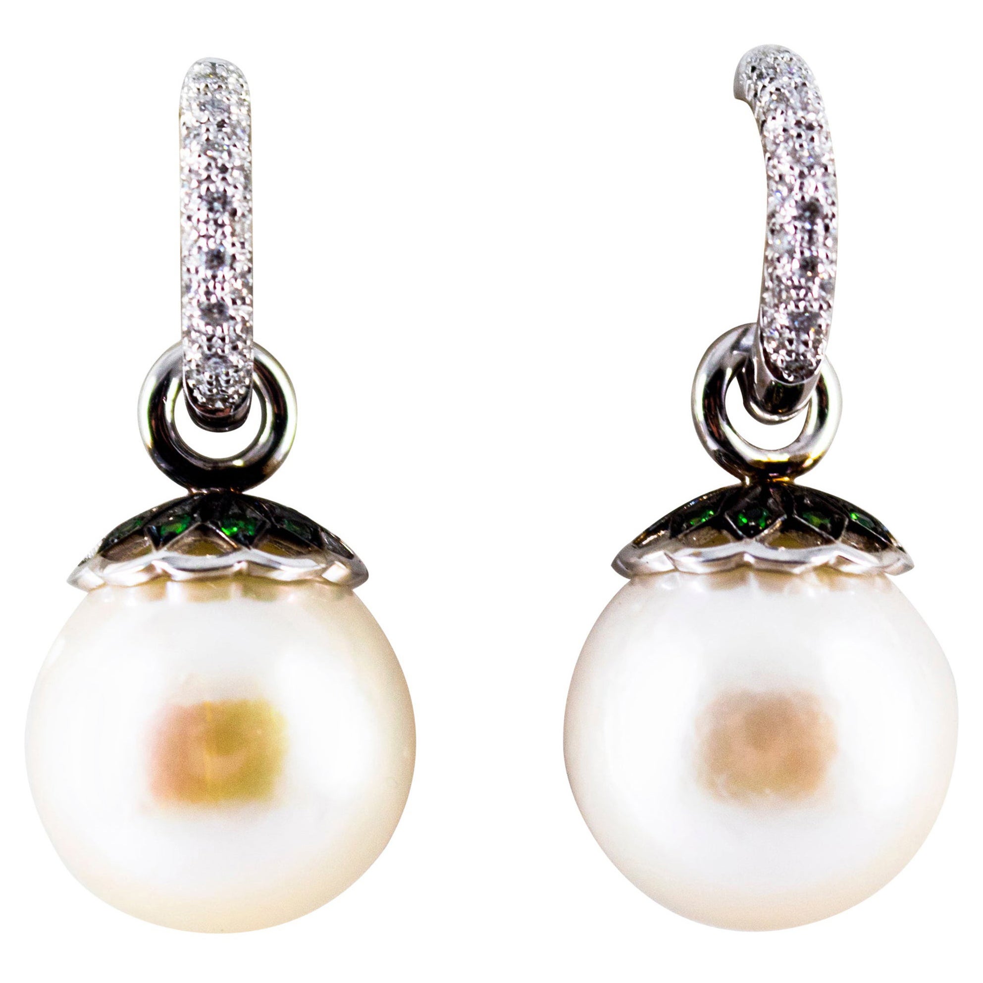 Art Nouveau Style White Zircon Tsavorite Pearl White Gold Plate Dangle Earrings