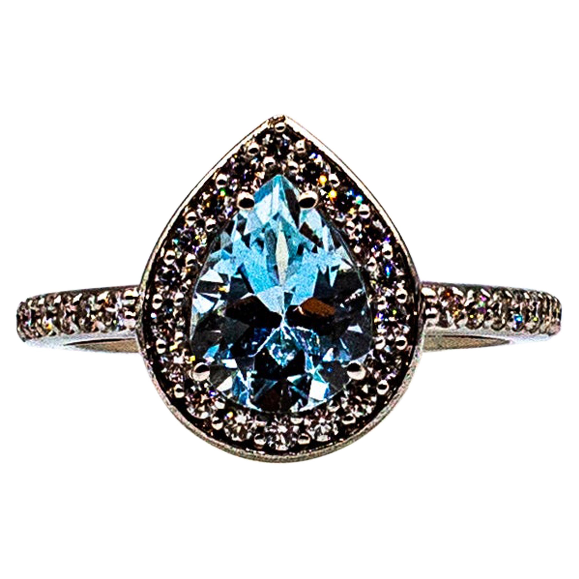 Art Deco White Brilliant Cut Zircon Aquamarine White Gold Plate Cocktail Ring For Sale