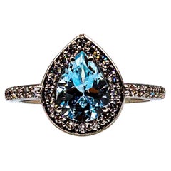 Art Deco White Brilliant Cut Zircon Aquamarine White Gold Plate Cocktail Ring