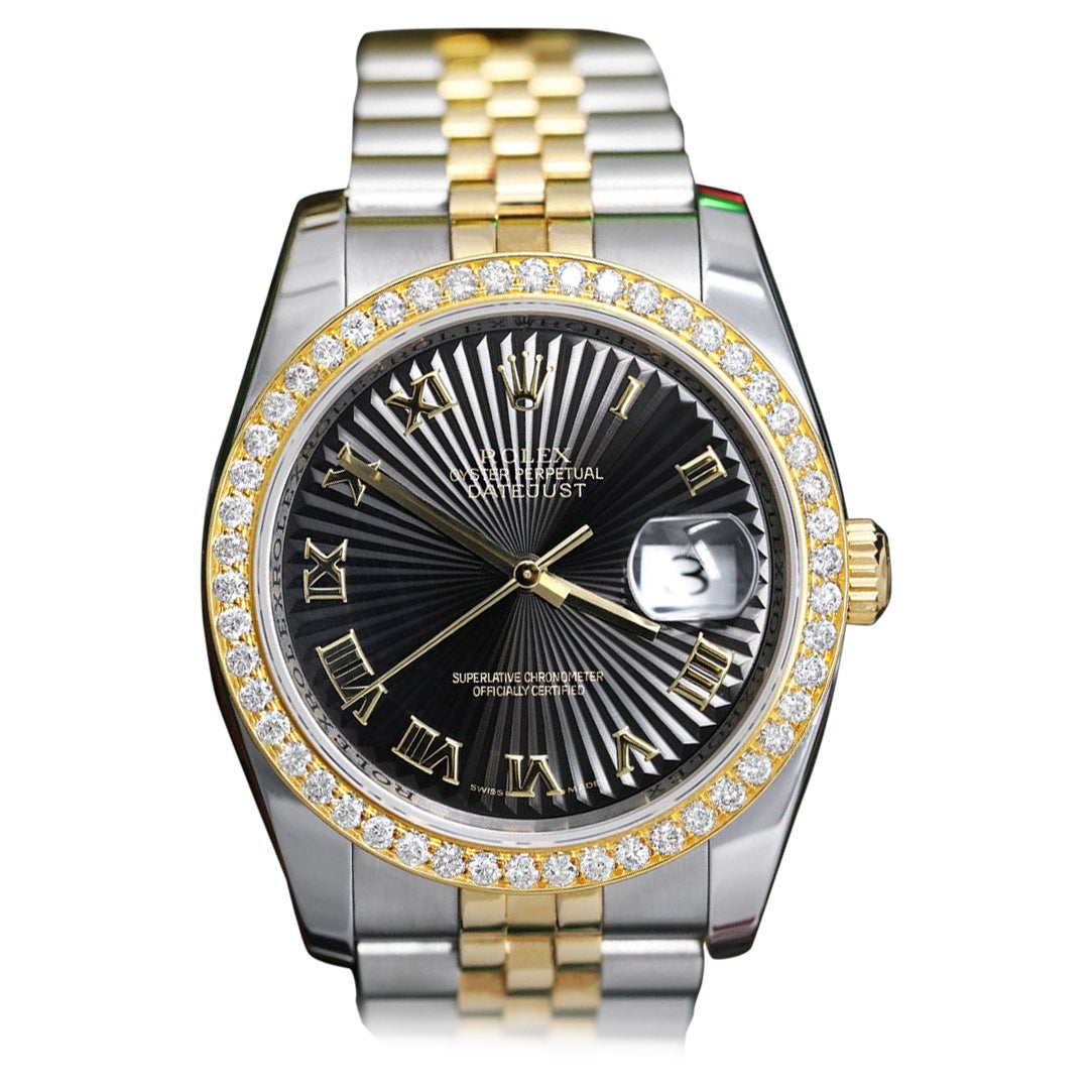 Rolex Datejust Black Sundust Roman Dial with Diamond Bezel Watch For Sale