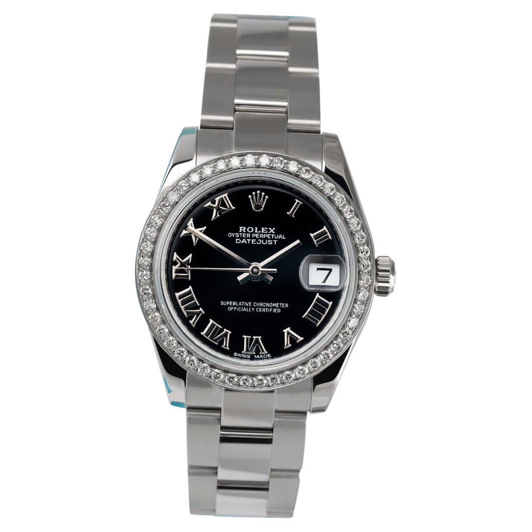 Edelstahl-Damenuhr von Rolex Datejust mit schwarzer römischer Uhr