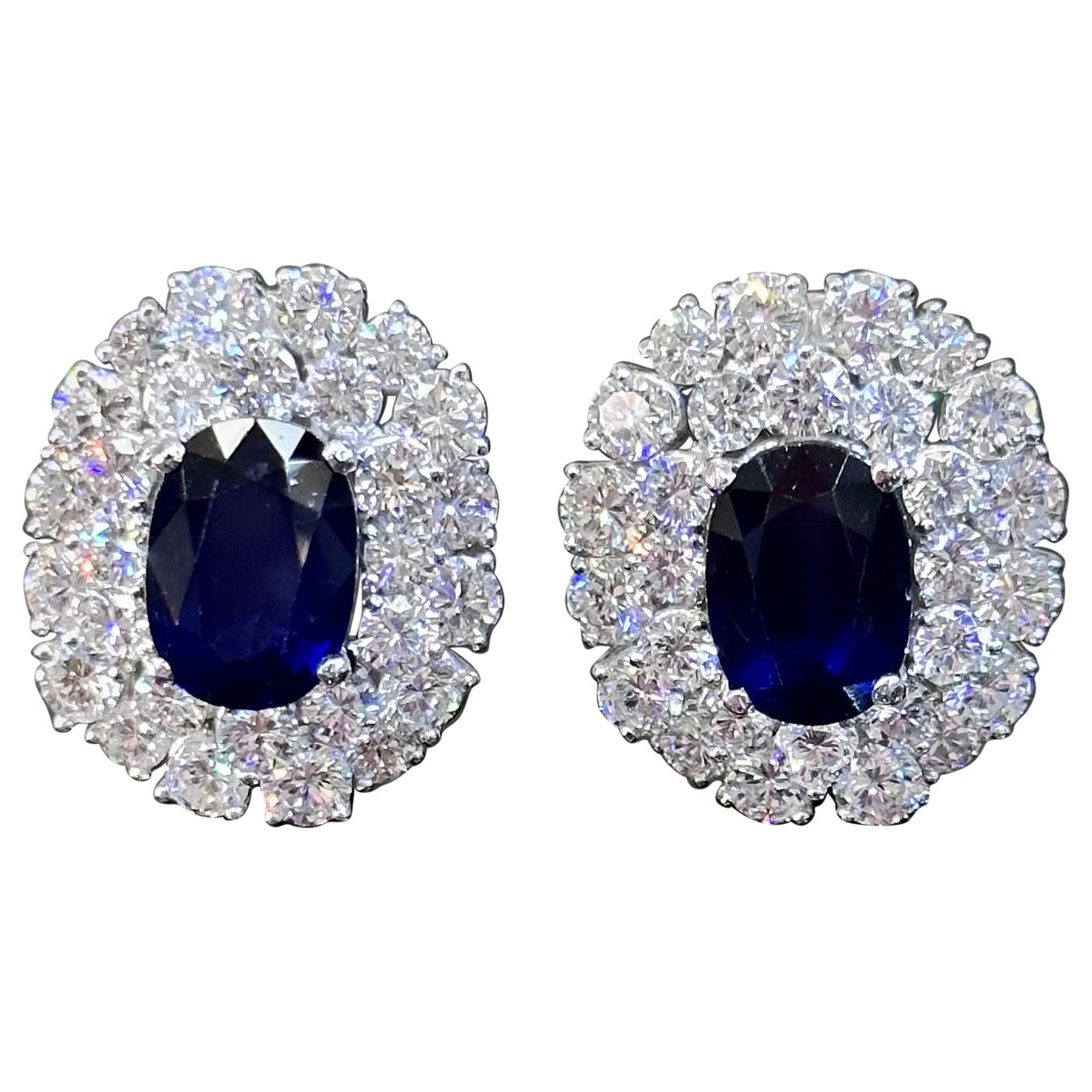 1950s/1960s Royal Blue Sapphire Diamond Cluster Earrings Platinum Gold French For Sale