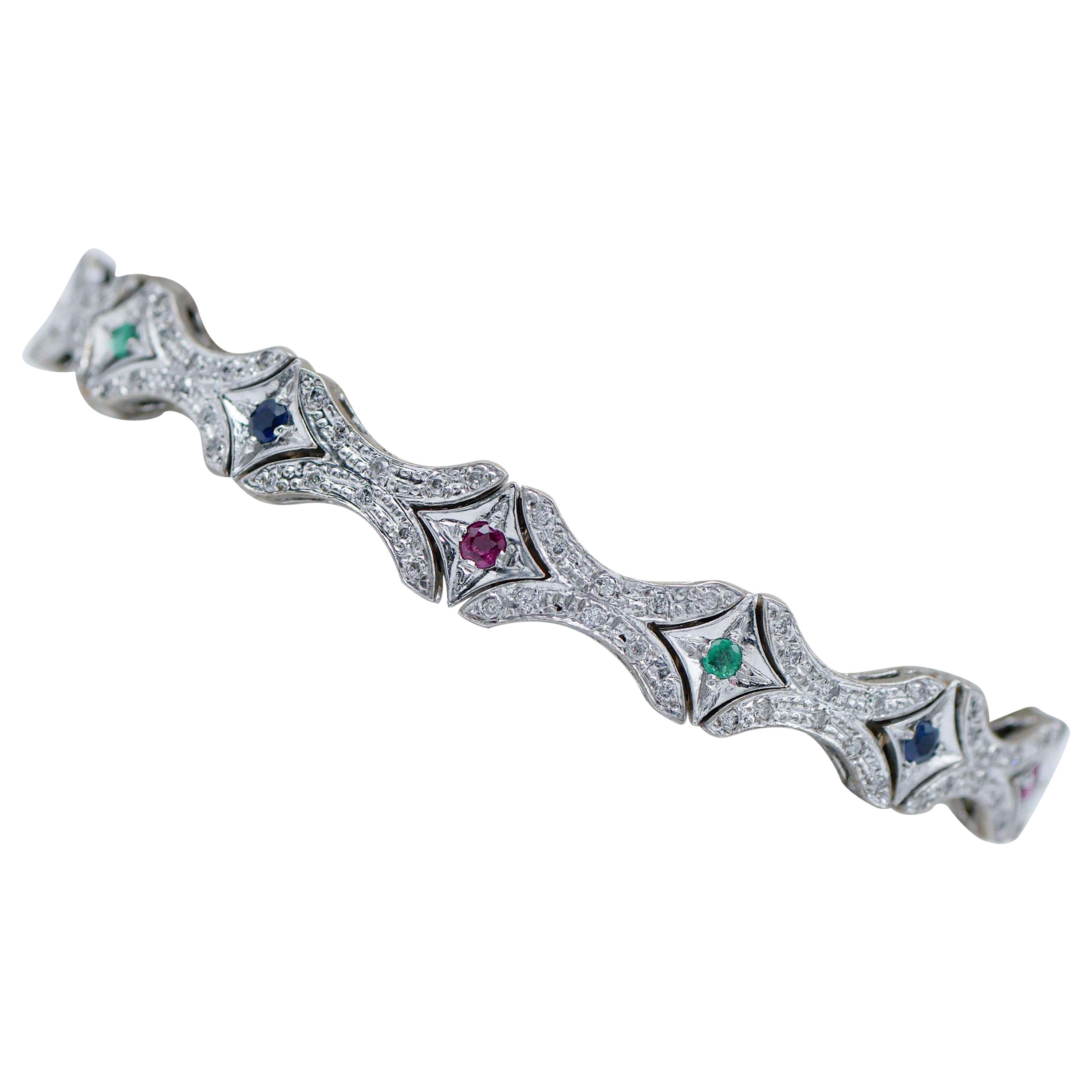 Emeralds, Rubies, Sapphires, Diamonds, 12 Karat White Gold Bracelet. For Sale