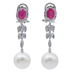 Retro White Pearls, Rubies, Diamonds, Platinum Dangle Earrings