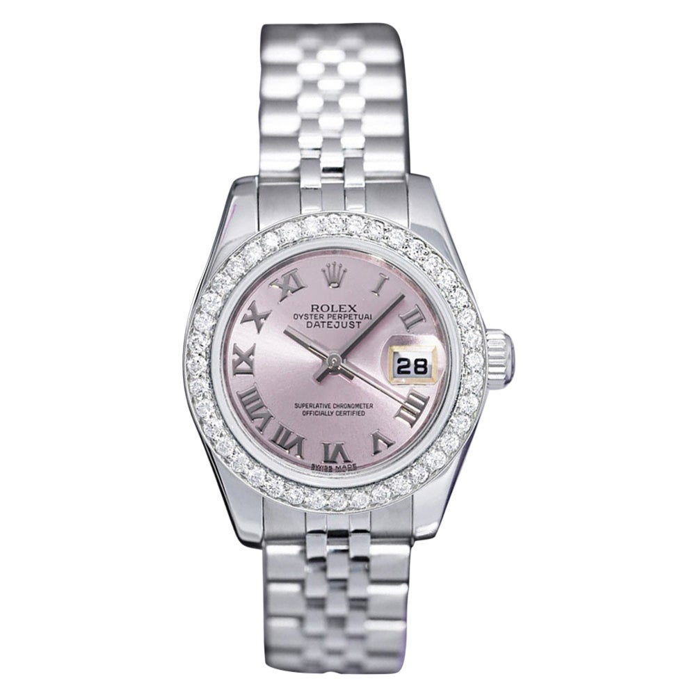 Montre Rolex Lady-Datejust 26mm 179174 en acier avec cadran romain rose et lunette en diamant