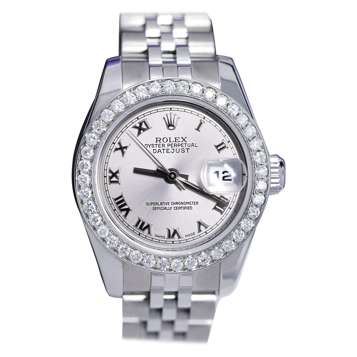 Rolex Lady-Datejust 179174 Steel Silver Roman Dial Diamond Bezel Watch
