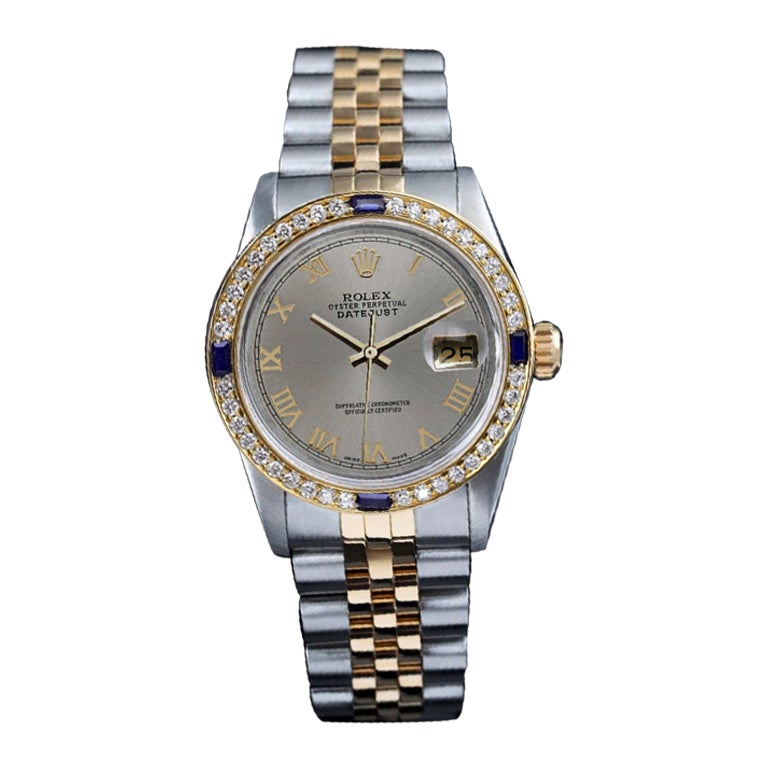 Rolex Datejust 68273 Sapphire & Diamond Bezel Two Tone Watch Grey Roman Dial For Sale