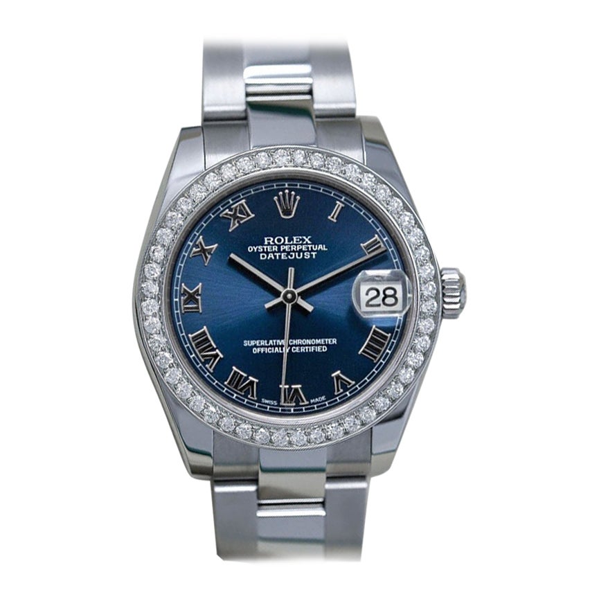 Rolex Lady-Datejust Blue Roman Dial with Diamond Bezel Watch For Sale
