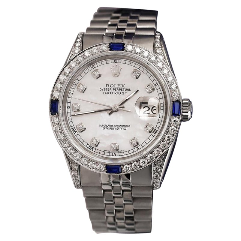 Rolex Oyster Perpetual Datejust White Mother of Pearl Diamond Watch For Sale