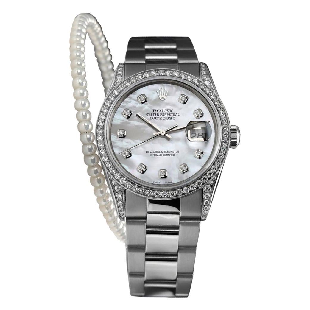 Rolex Montre Datejust en perles blanches, acier inoxydable, diamants naturels, lunette et cornes 16030