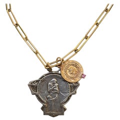 J Dauphin, collier à chaîne épaisse en saphir rose, médaille française Art nouveau