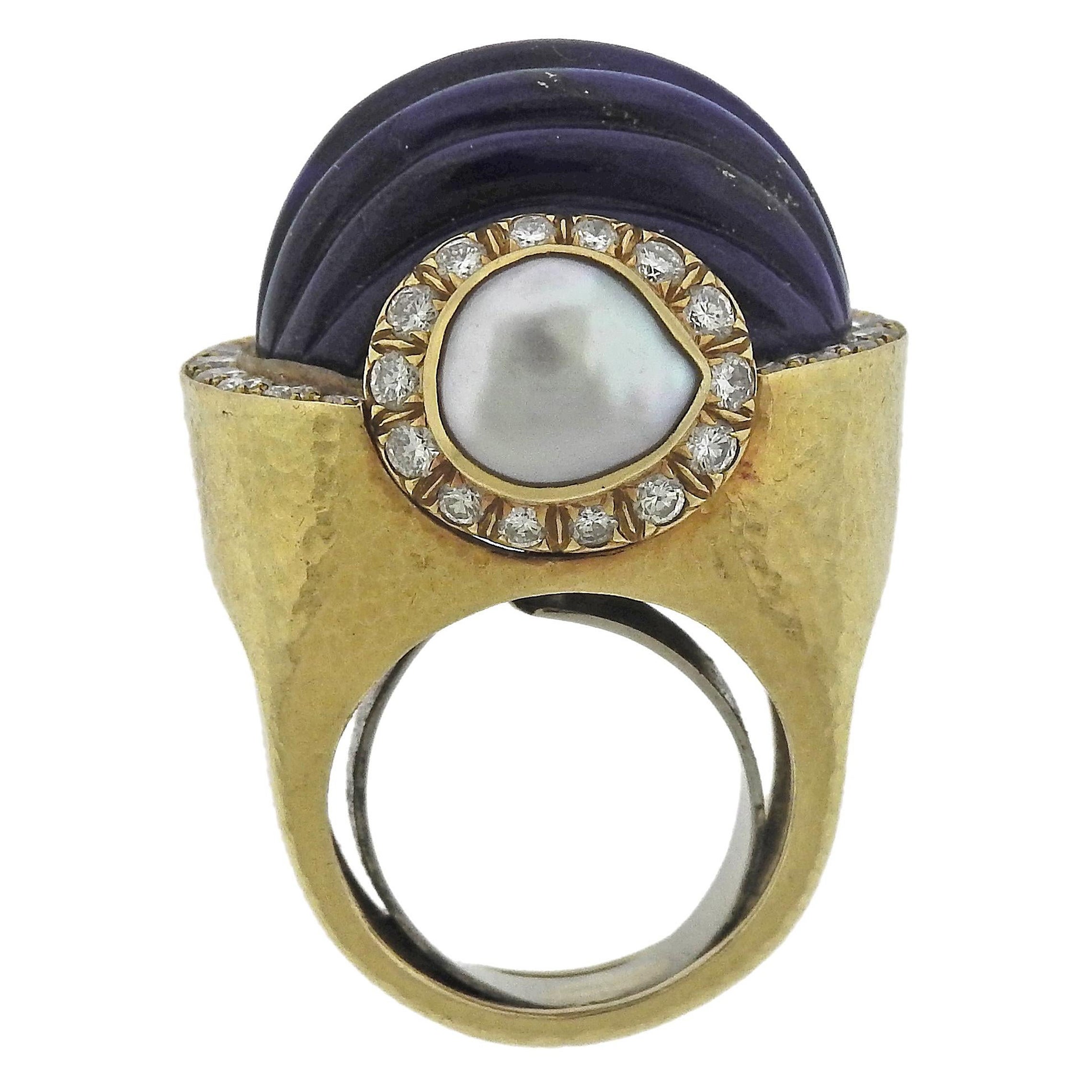 David Webb Diamond Pearl Lapis Gold Ring For Sale