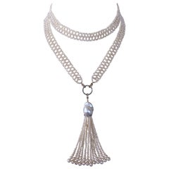 Marina J. Woven Pearl Lace Sautoir with Diamond Encrusted Solid 14k Gold