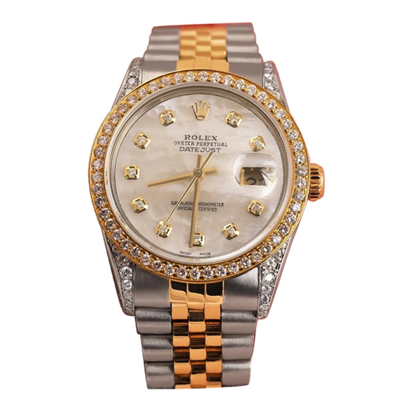 Rolex Weißes Perlmutt-Zifferblatt mit runden Diamanten Datejust-Uhr 16013 im Angebot
