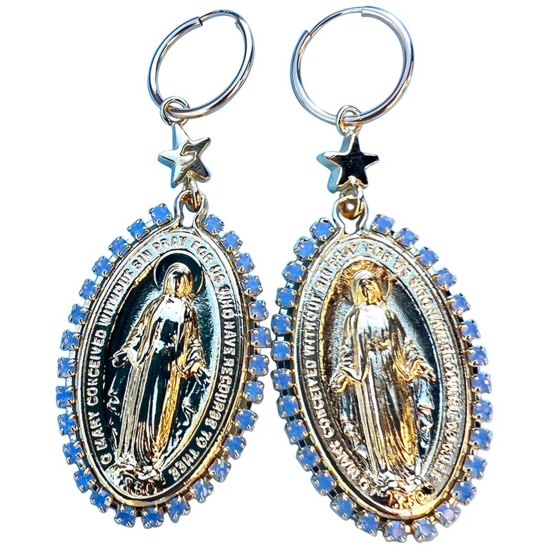 Crystal Earrings Medal Virgin Mary Rhinestone Light Blue Hoops Vermeil J  Dauphin For Sale at 1stDibs