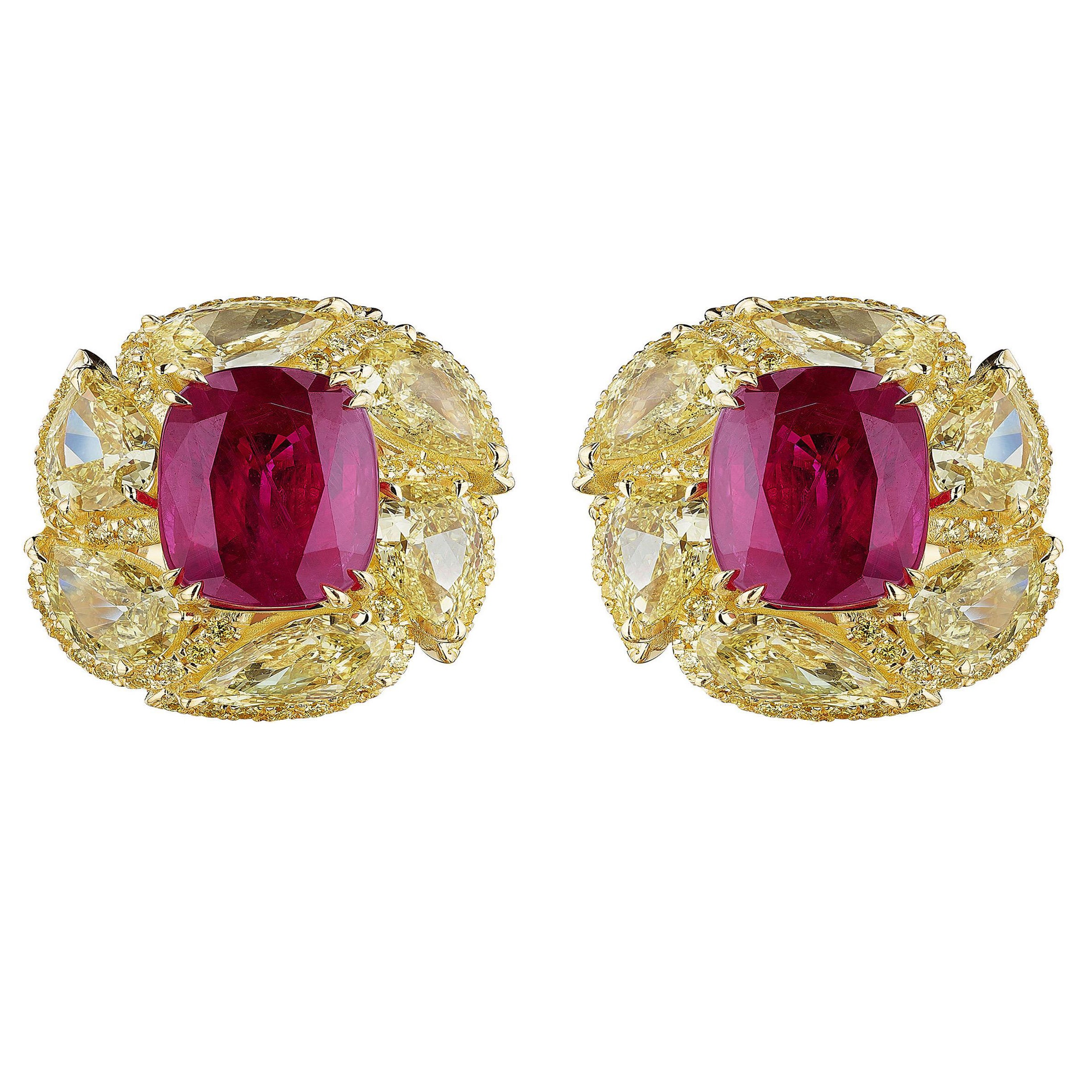 Gia Certified Ruby and Yellow Diamond Earrings For Sale