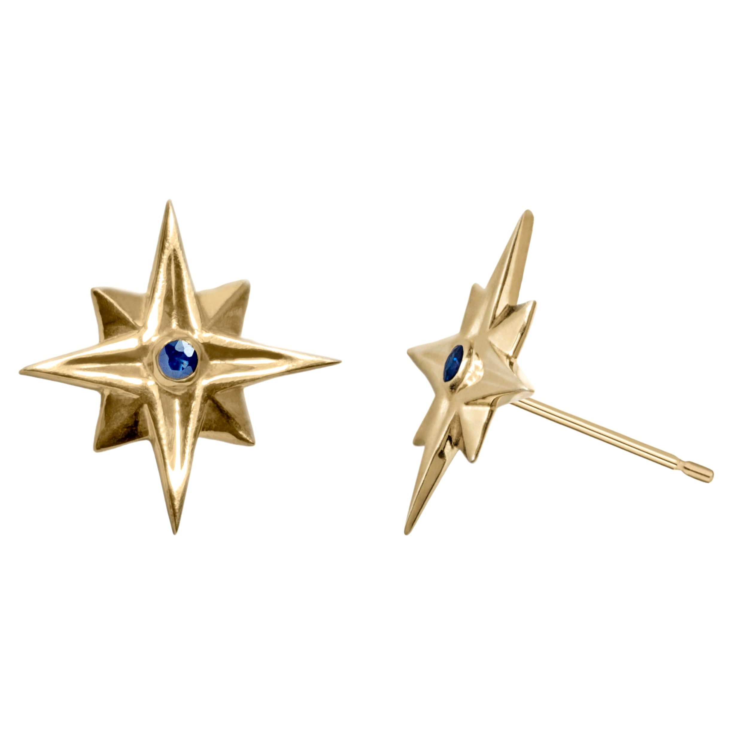 Star Gold Earrings with Blue Sapphires For Sale