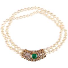 Emerald Diamond Gold Pearl Necklace