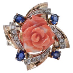 Vintage Coral, Sapphires, Diamonds, 14 Karat Rose Gold Ring