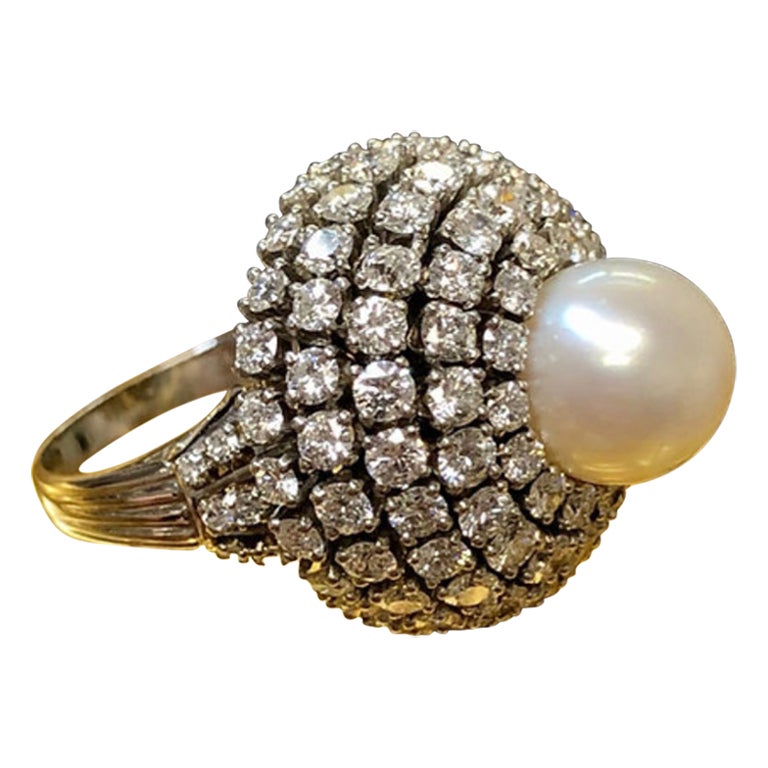 Vintage 1950’s Platinum Diamond Pearl Dome Bombe Cocktail Ring 6.70cttw Sz 6 For Sale
