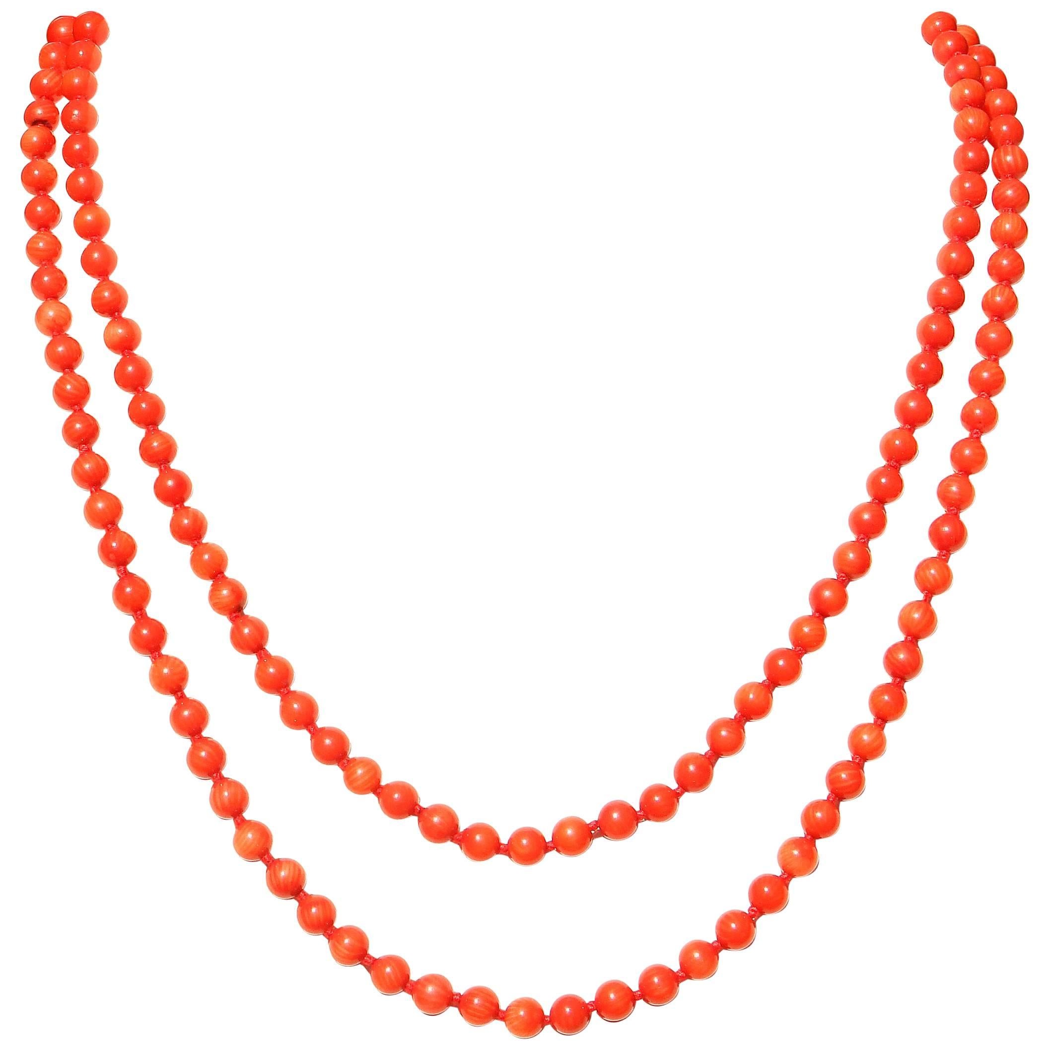 Long Coral Bead Gold Necklace