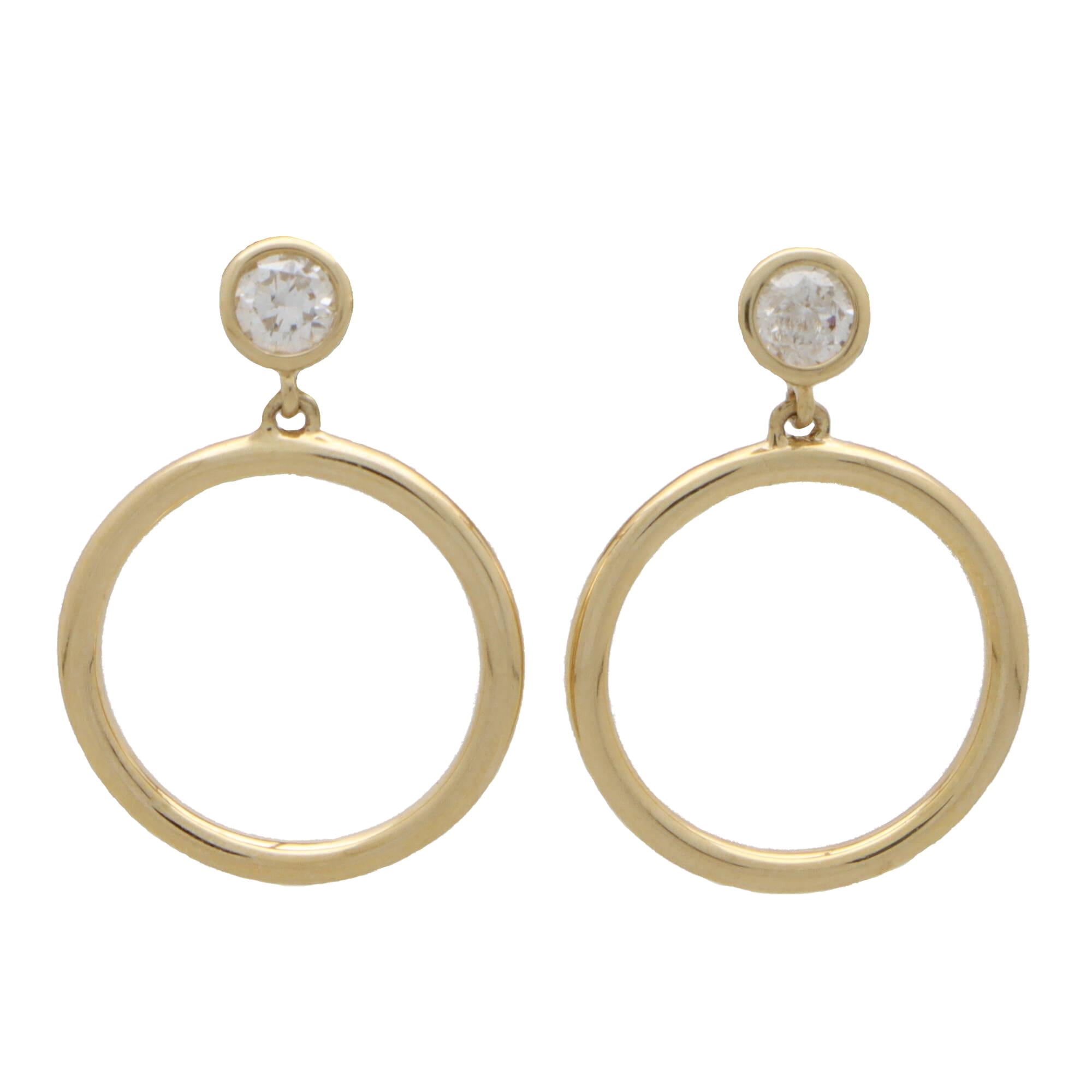 Contemporary Diamond Circle Drop Earrings in 14k Yellow Gold For Sale
