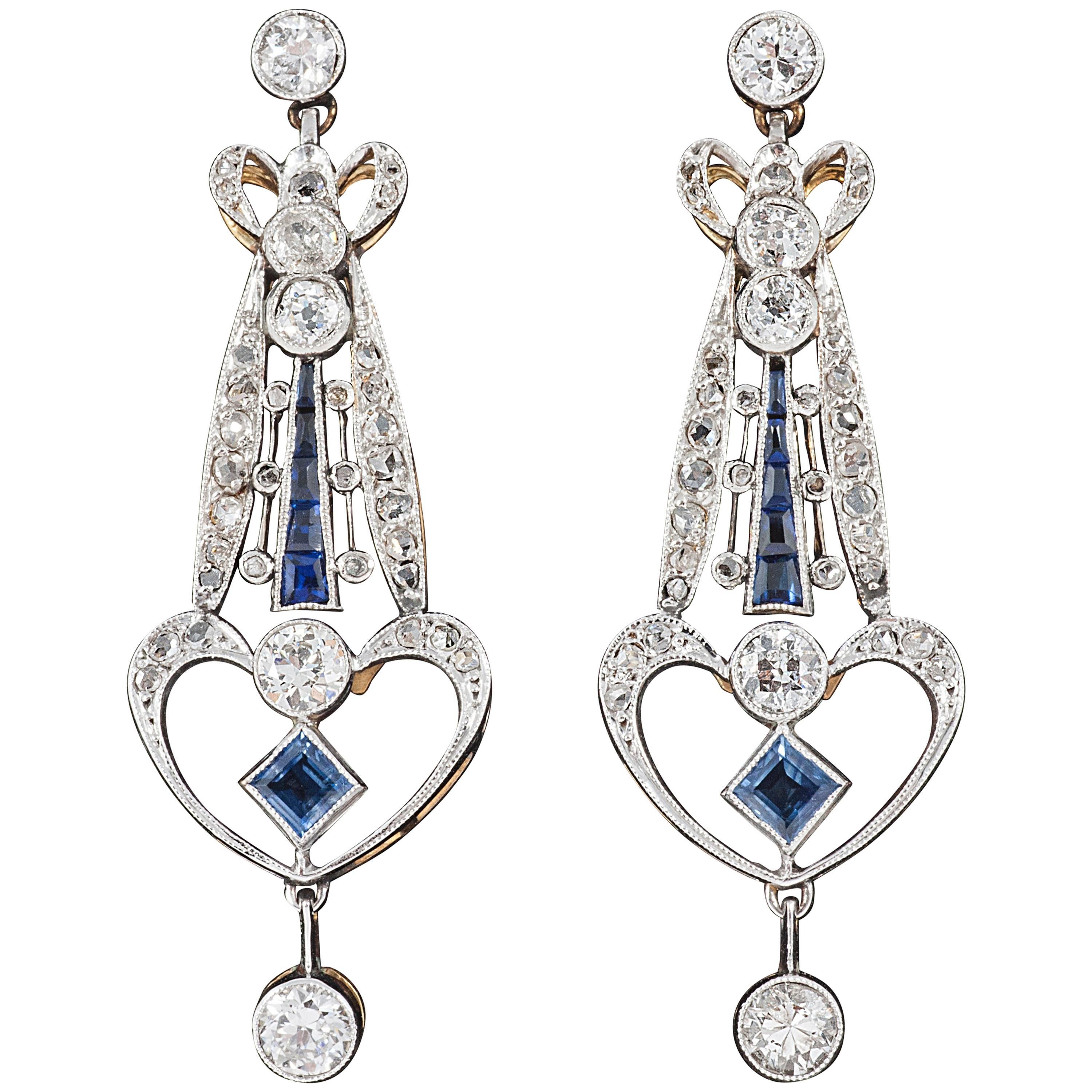 1920s Art Deco Sapphire Diamond Gold Platinum Drop Earrings For Sale