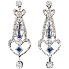 1920s Art Deco Sapphire Diamond Gold Platinum Drop Earrings
