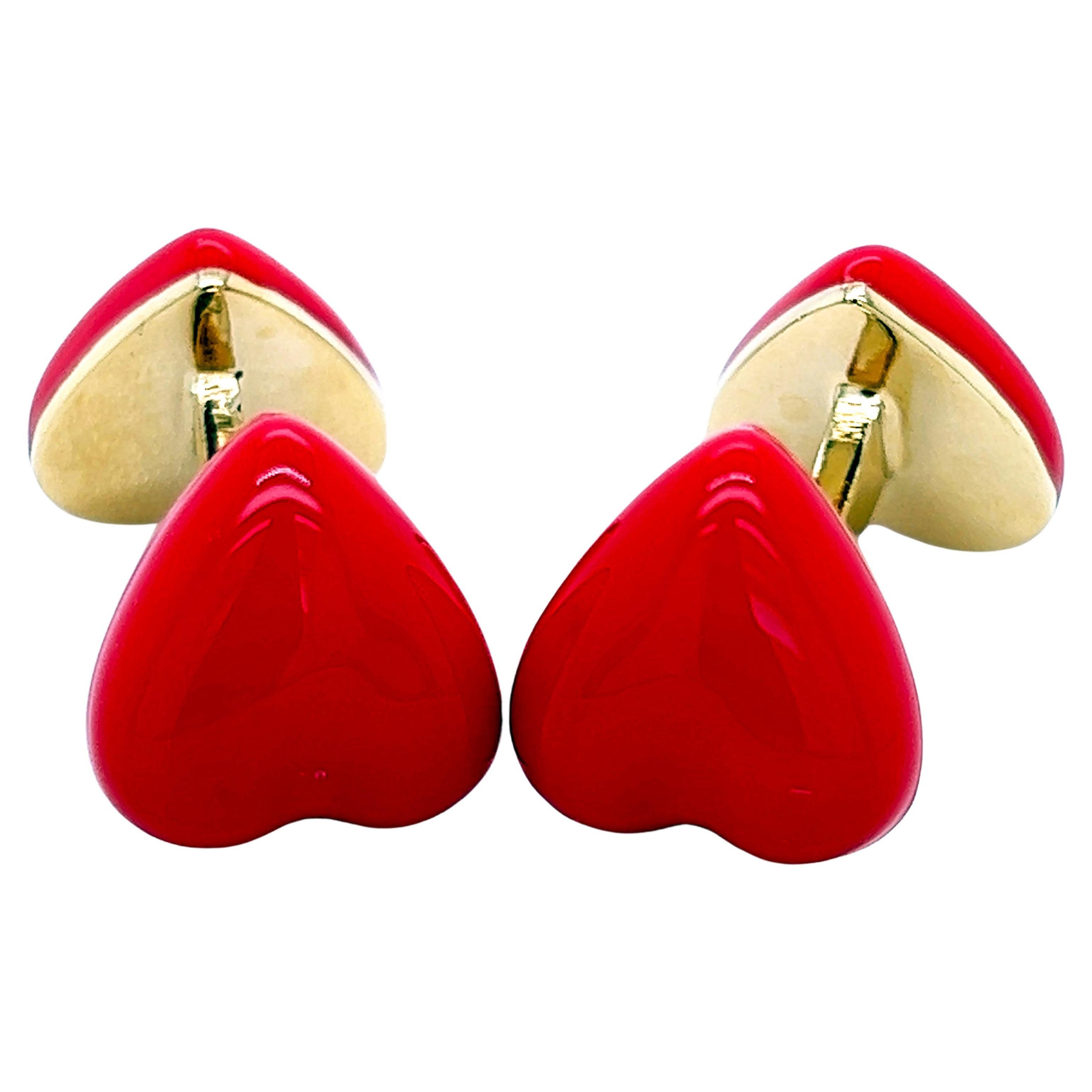 Berca Red Heart Shaped Hand Enamelled Sterling Silver Gold Plated Cufflinks For Sale